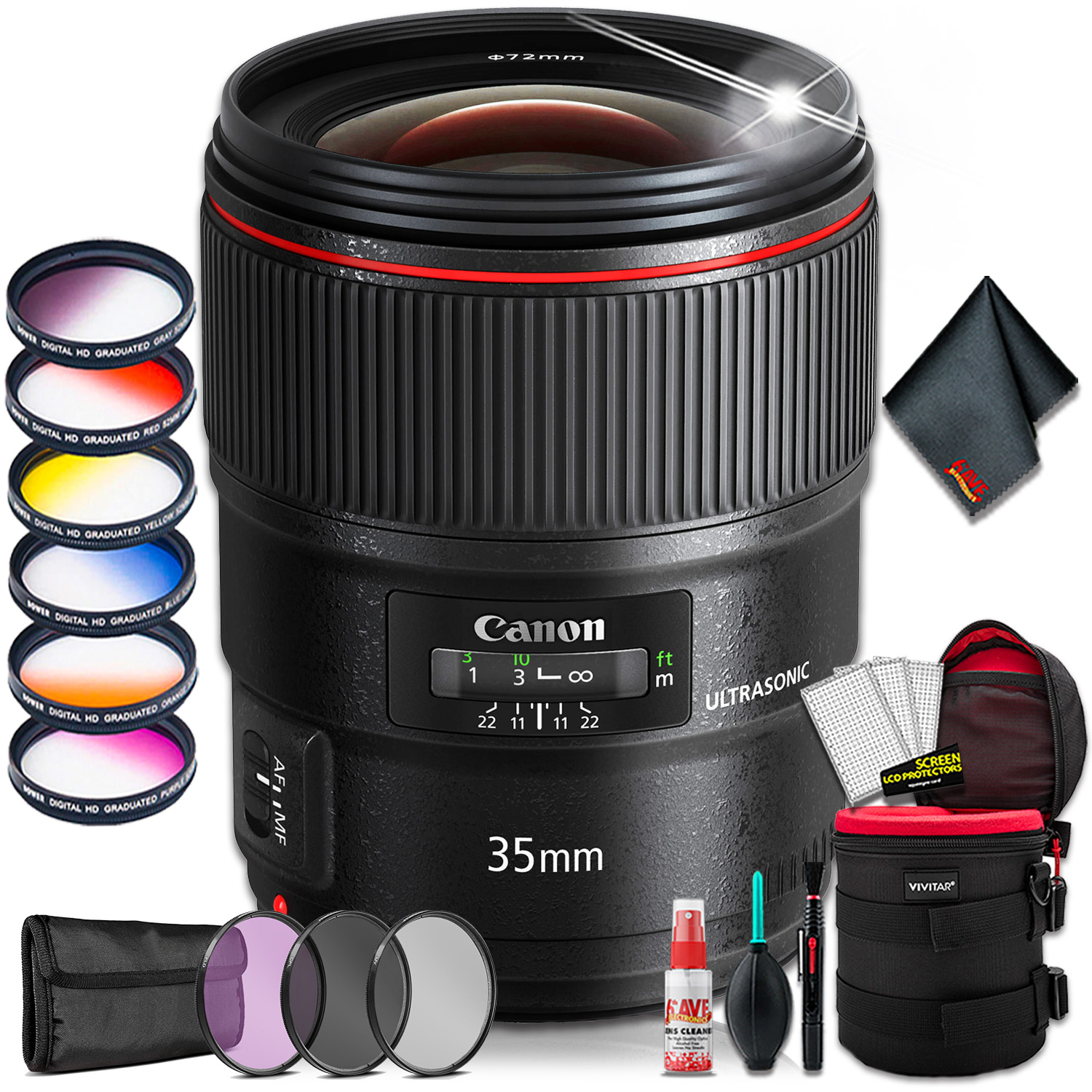 Canon EF 35mm f/1.4L II USM Lens (Intl Model) +Lens Case, Lens Filter Kit  and Cl