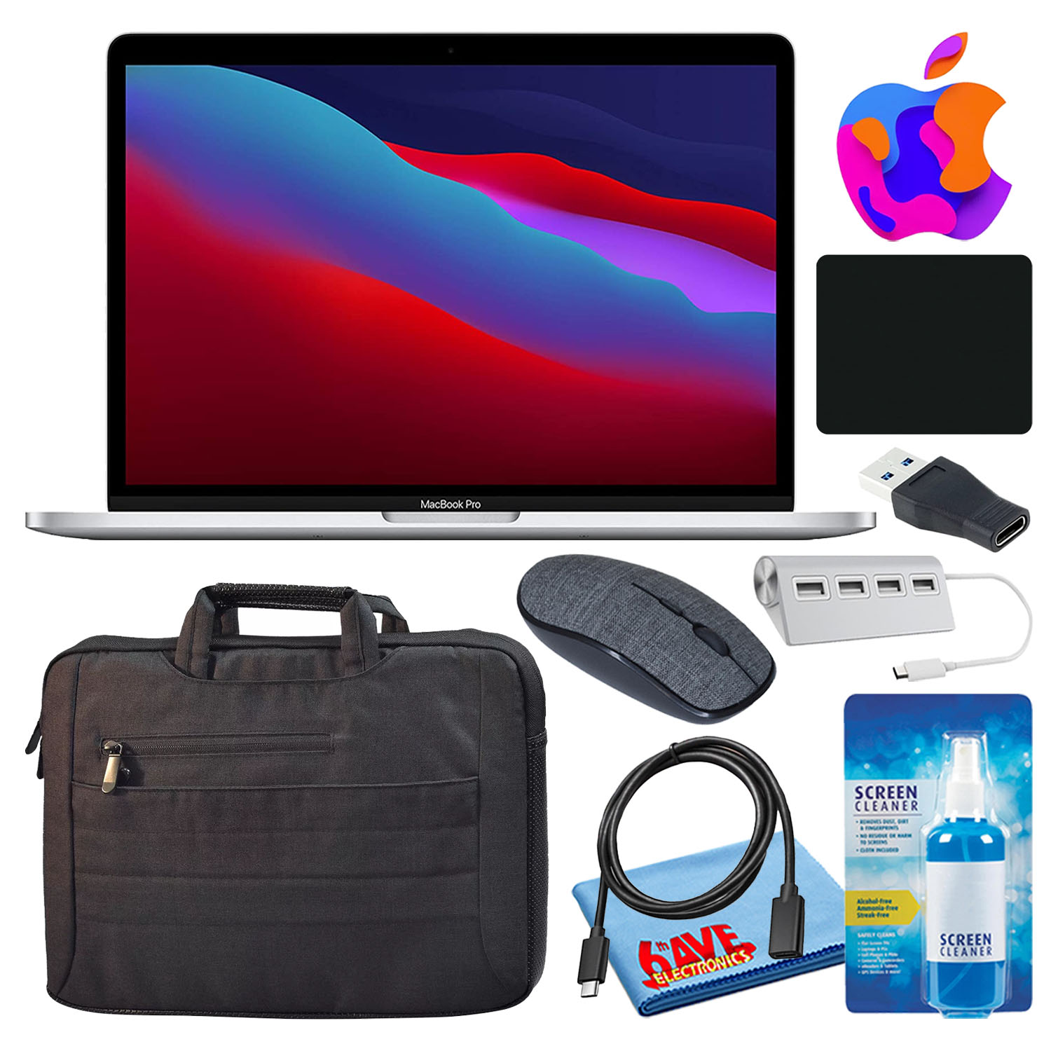 pic of Apple MacBook Pro 13" Laptop (2020, M1 Chip, 512GB, Silver) with Carry Bag