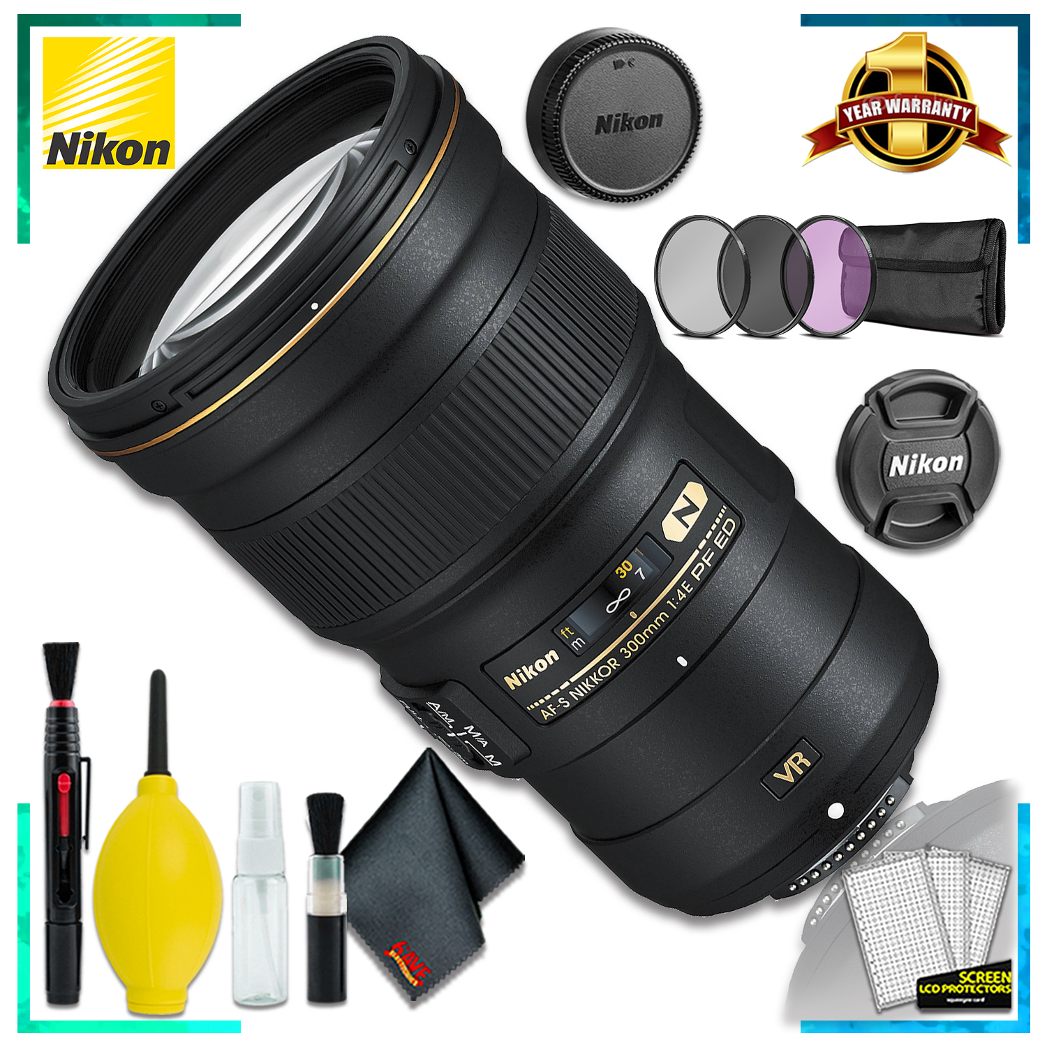 Nikon AF-S NIKKOR 300mm f4E PF ED VR Lens (Intl Model) + 3pcs UV