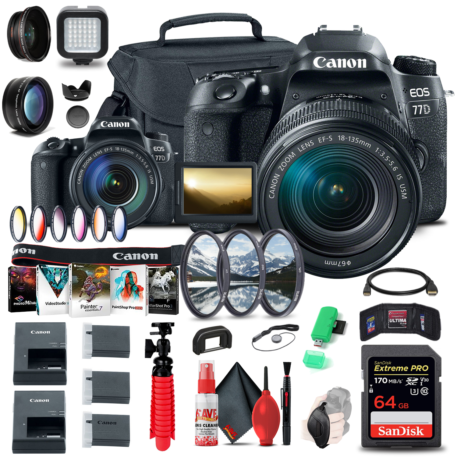 Canon EOS 77D DSLR Camera with 18-135mm USM Lens (1892C002) + 64GB Card + More