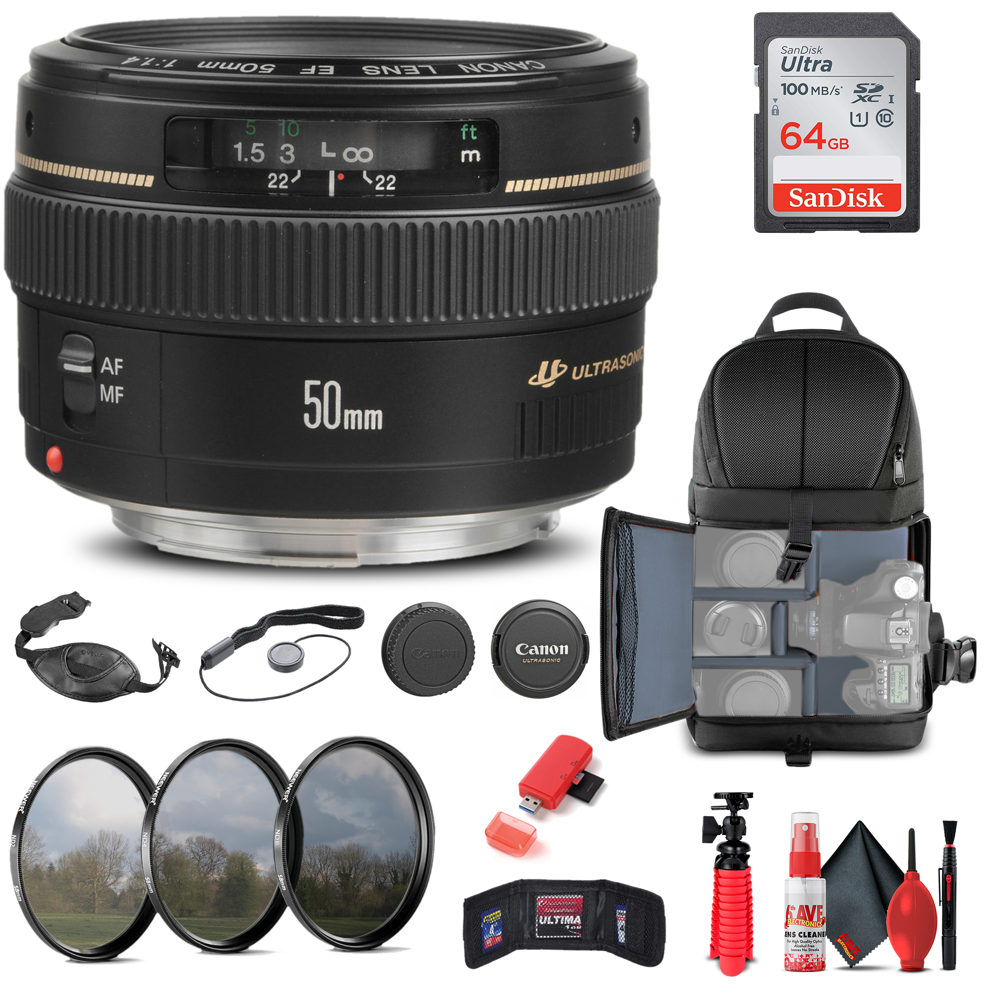Canon EF 50mm f/1.4 USM Lens (2515A003) + Filter + BackPack