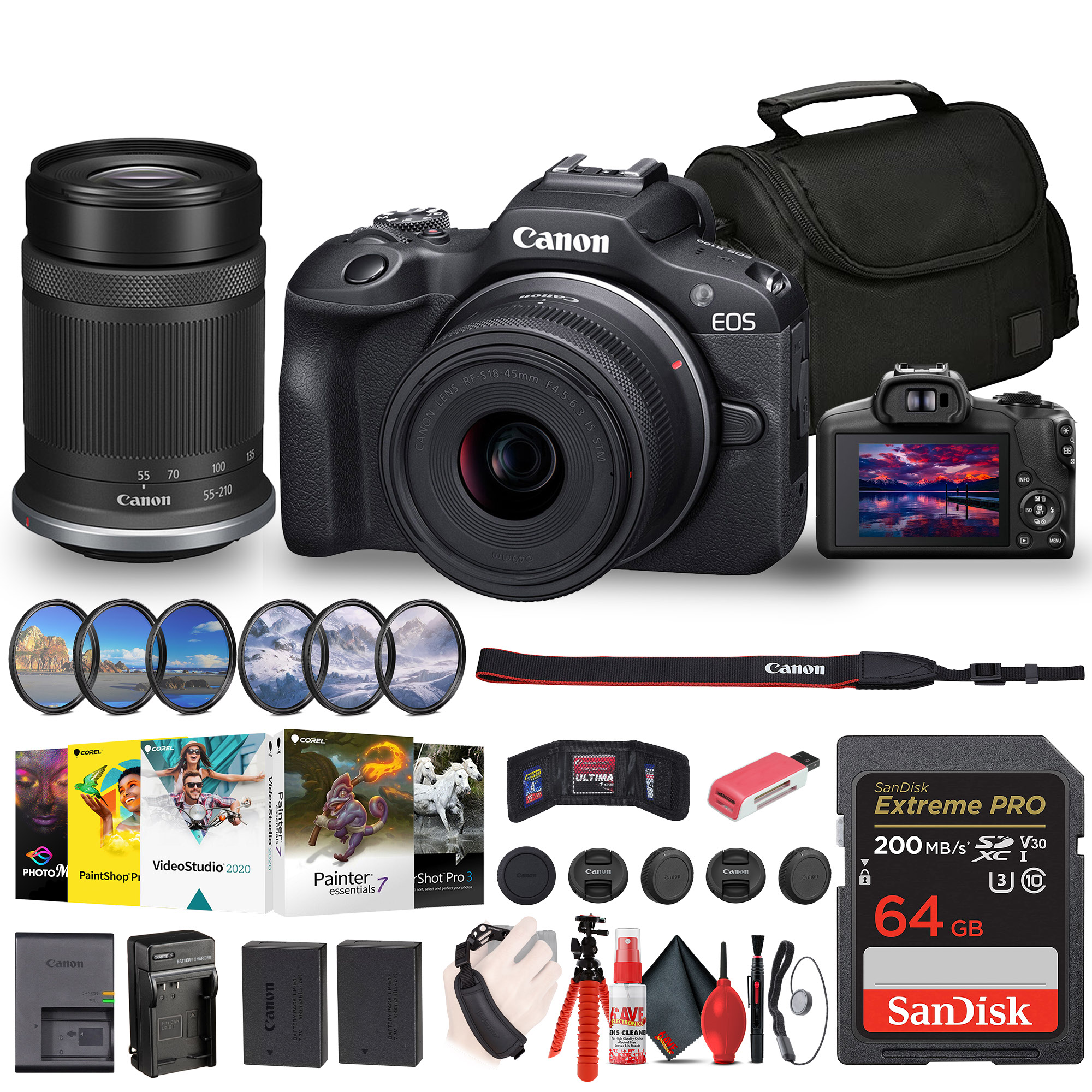 Canon EOS R100 Mirrorless Camera with 18-45mm and 55-210mm Lenses Kit + Filters